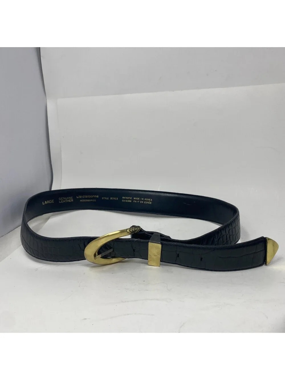 Liz Claiborne Vintage Black Leather Belt Womens Large Croc Embossed Brass Buckle